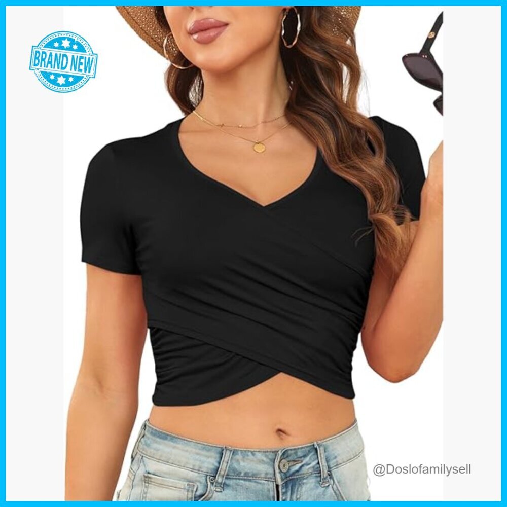 Short Sleeve Crop Top Cross Wrap Deep V Neck Stretchy Slim Fit Tee